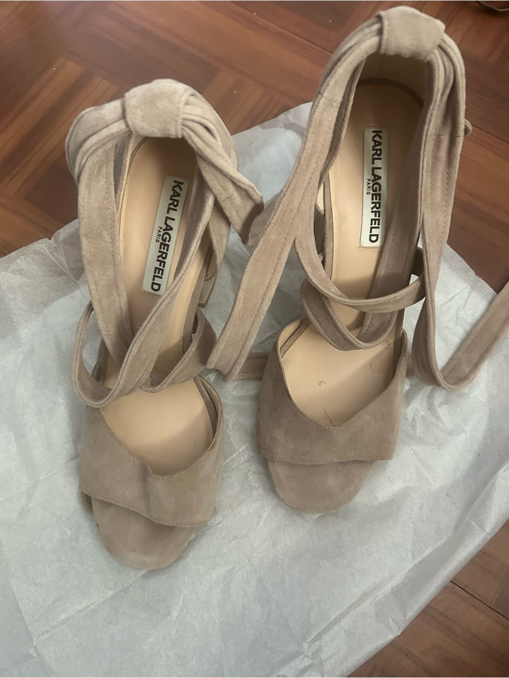 Karl Lagerfeld Taupe Suede Wrap-Ankle Heels
